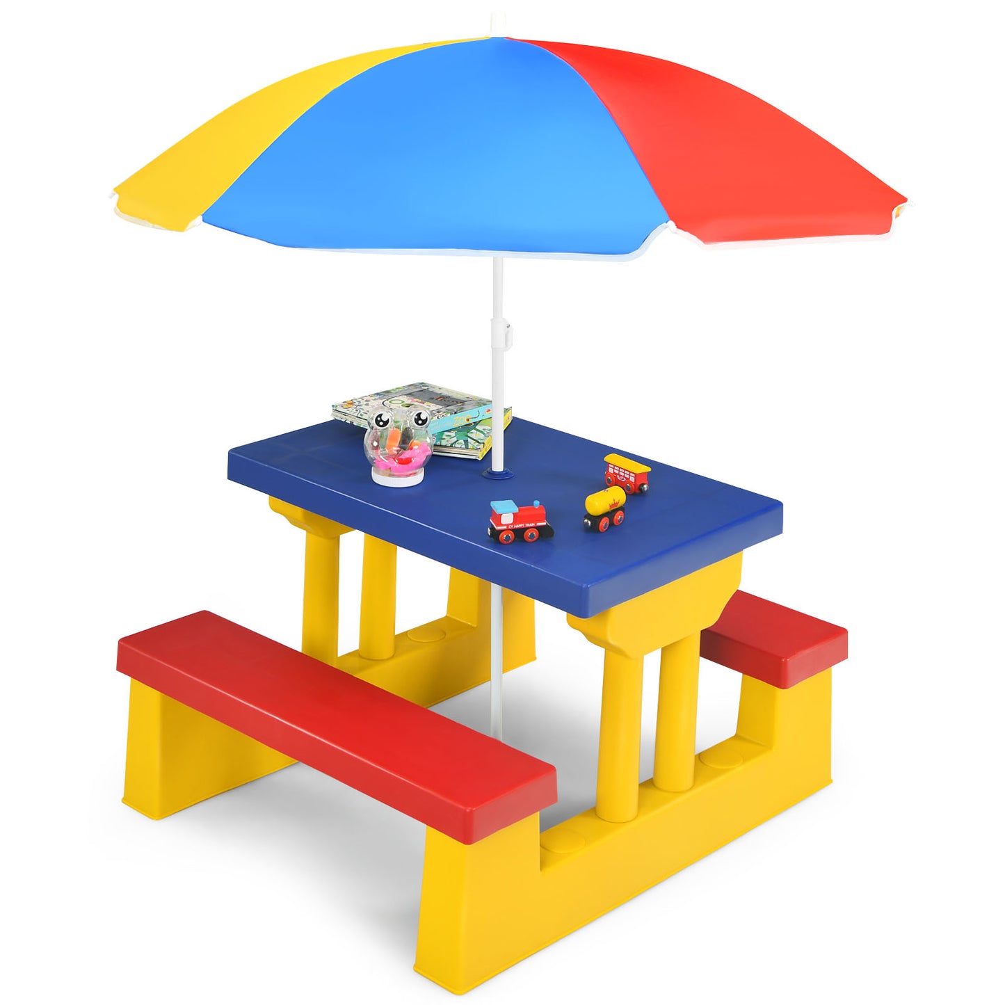 Patiojoy Kids Picnic Table Set Indoor Outdoor Toddler Table with Bench and Removable Umbrella Portable Children Play Set