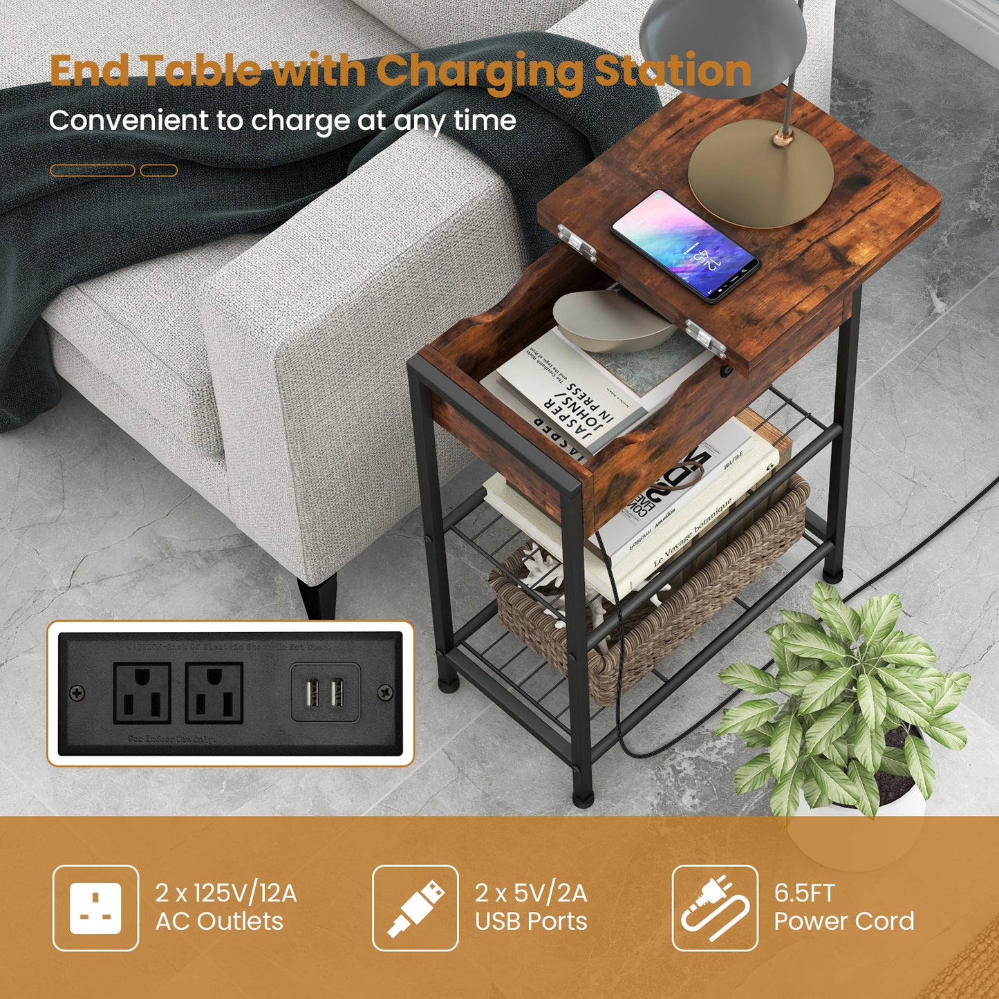 Patiojoy End Table with Charging Station Flip Top Side Table with USB Ports and Outlets Narrow Sofa Side Table with Storage Shelves