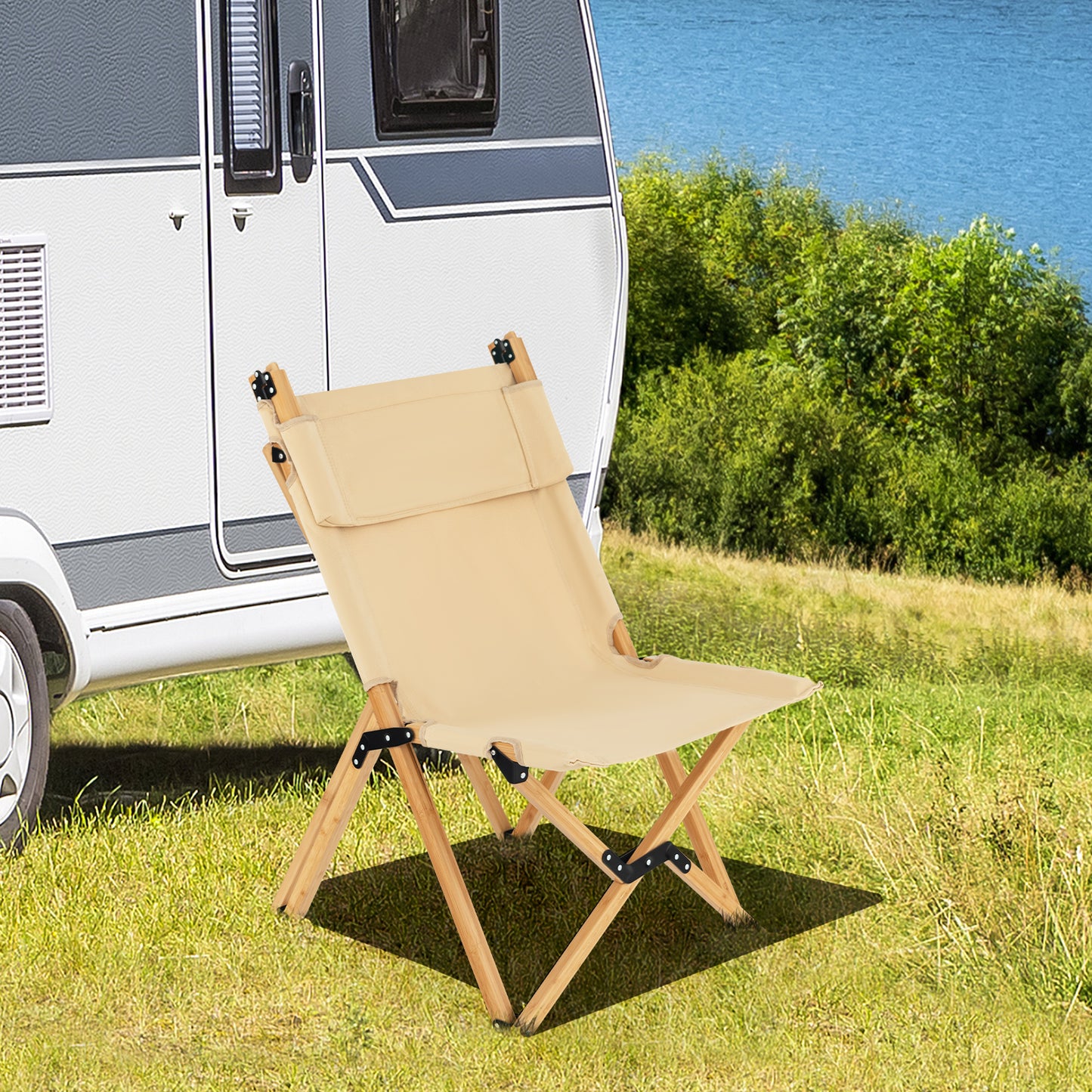 Patiojoy Folding Camping Chair Bamboo Wood Beach Chair with Breathable Canvas and 2-Level Adjustable Backrest with Carrying Bag