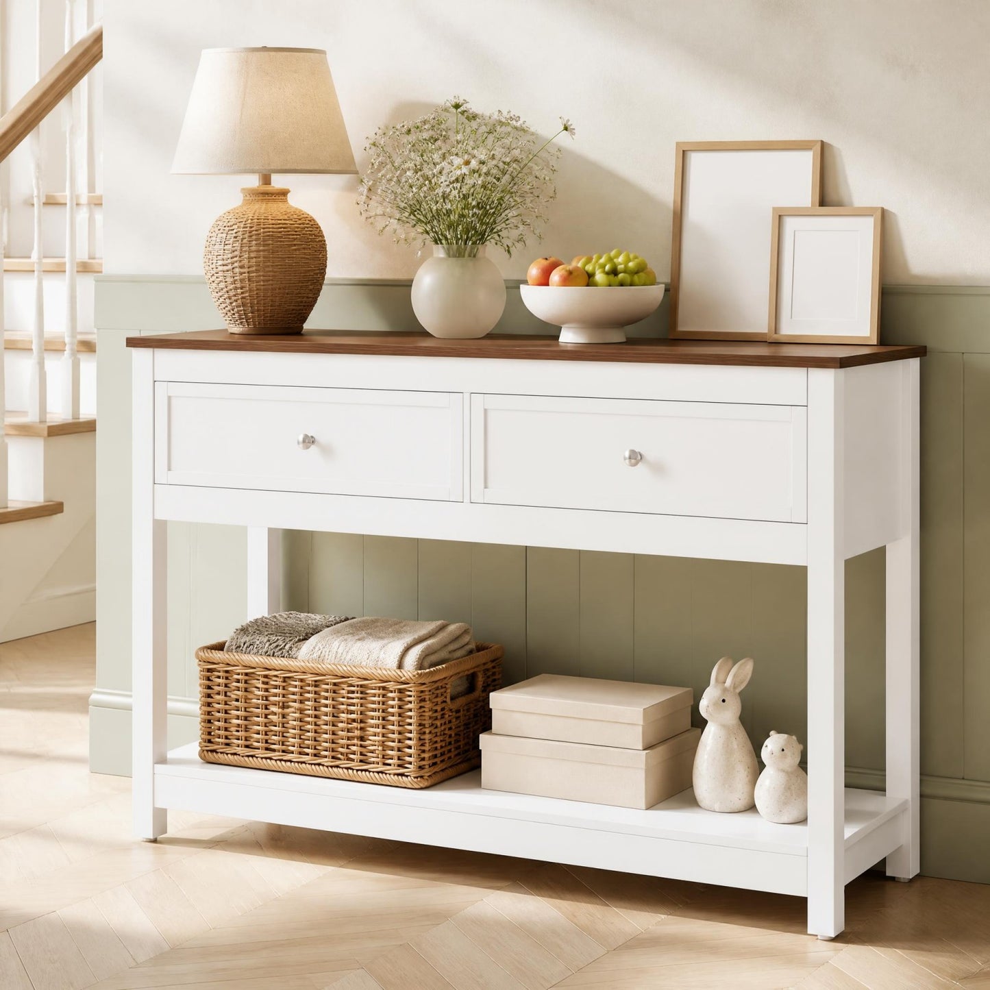 Patiojoy Farmhouse Entryway Console Table Narrow Wood Sofa Table with 2 Drawers and Storage Shelf Heavy-Duty Behind the Couch Table for Living Room Hallway