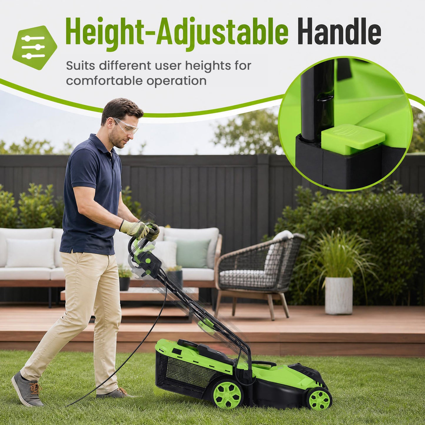 Patiojoy 12-Amp Corded Electric Lawn Mower 14-Inch Walk-Behind Push Mower with 8-Gallon Grass Bag 5-Position Height Adjustment Lightweight 21 lbs for Small Yards