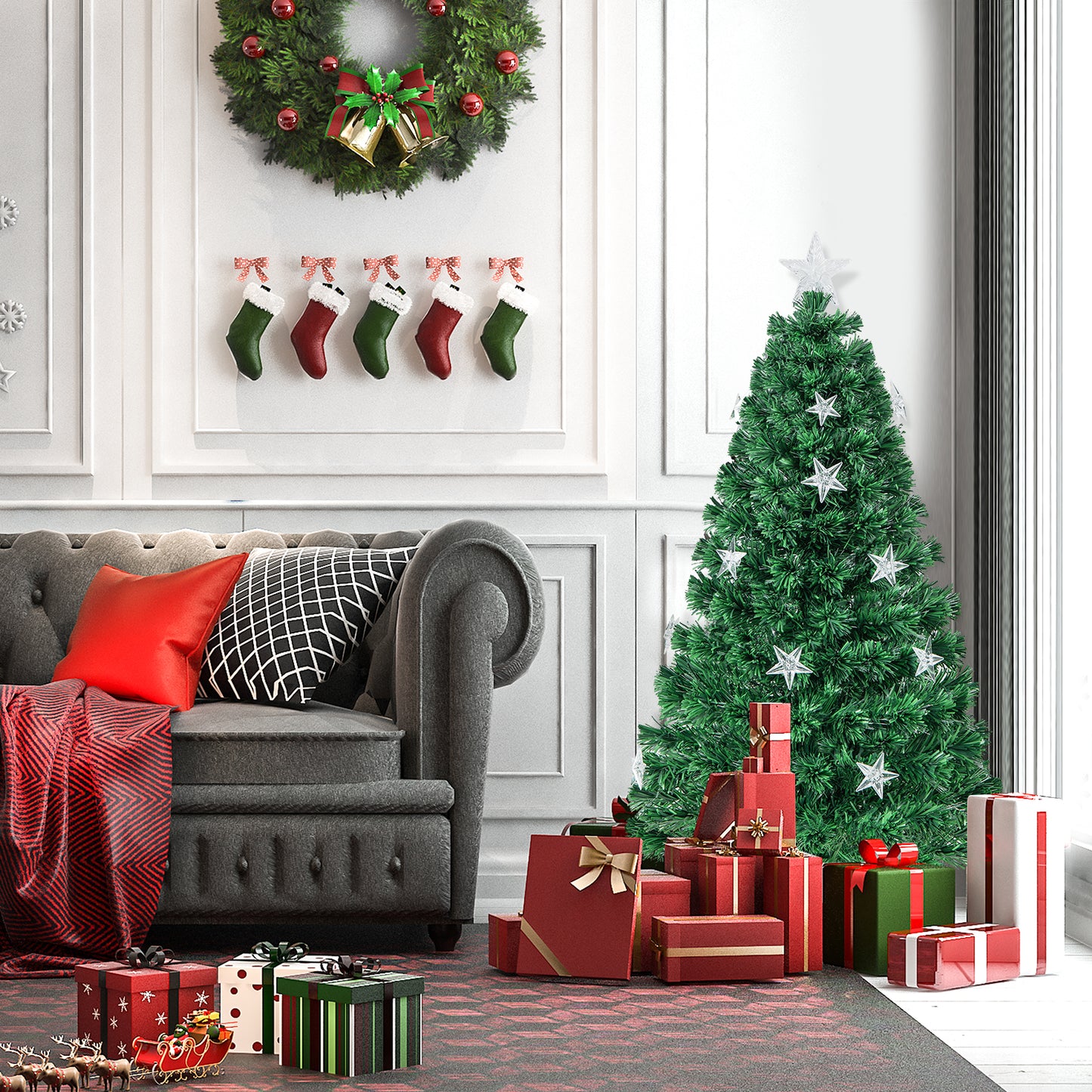 Patiojoy Artificial Christmas Tree Prelit Fiber Optic Xmas Tree with Warm White Lights 8 Light Modes