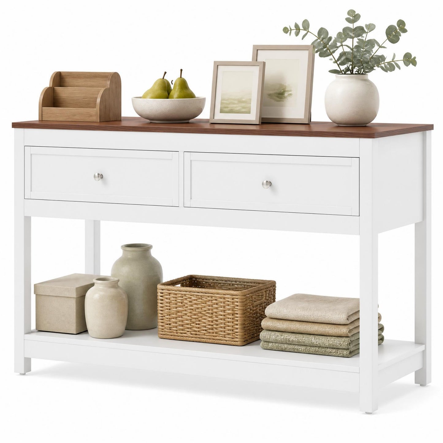 Patiojoy Farmhouse Entryway Console Table Narrow Wood Sofa Table with 2 Drawers and Storage Shelf Heavy-Duty Behind the Couch Table for Living Room Hallway