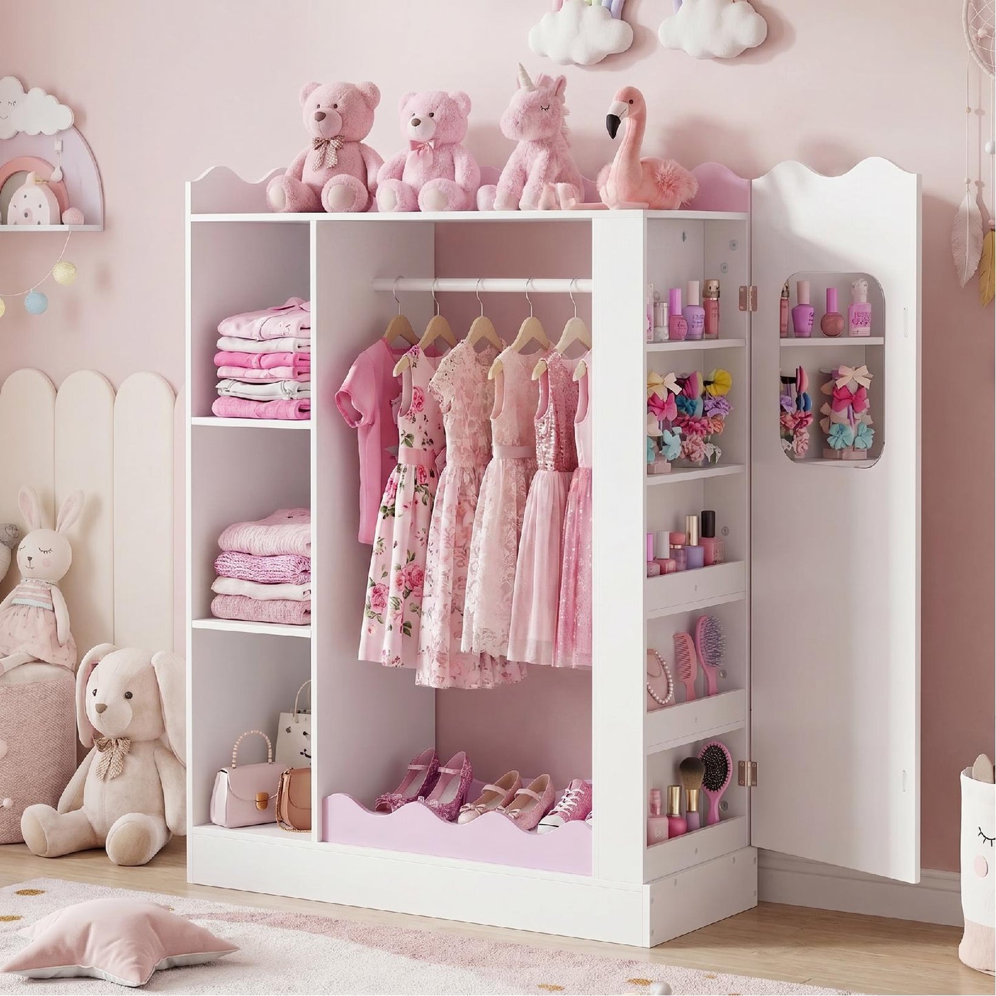 Patiojoy Kids Costume Organizer with Mirrors Children Armoire Closet with Open Hanging Rack Shelves and Cabinet Dress Up Storage