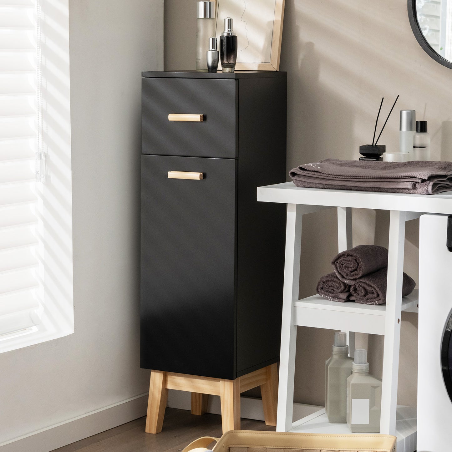Patiojoy Narrow Bathroom Storage Cabinet Freestanding Side Storage Organizer with Adjustable Shelves Drawer and Pine Wood Legs