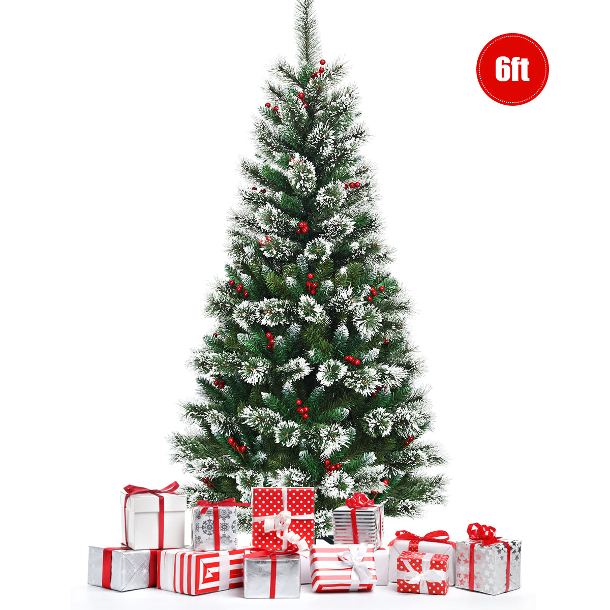 Topbuy 5/6/7/8FT Unlit Snow Flocked Artificial Christmas Tree Hinged Pine Decoration Tree