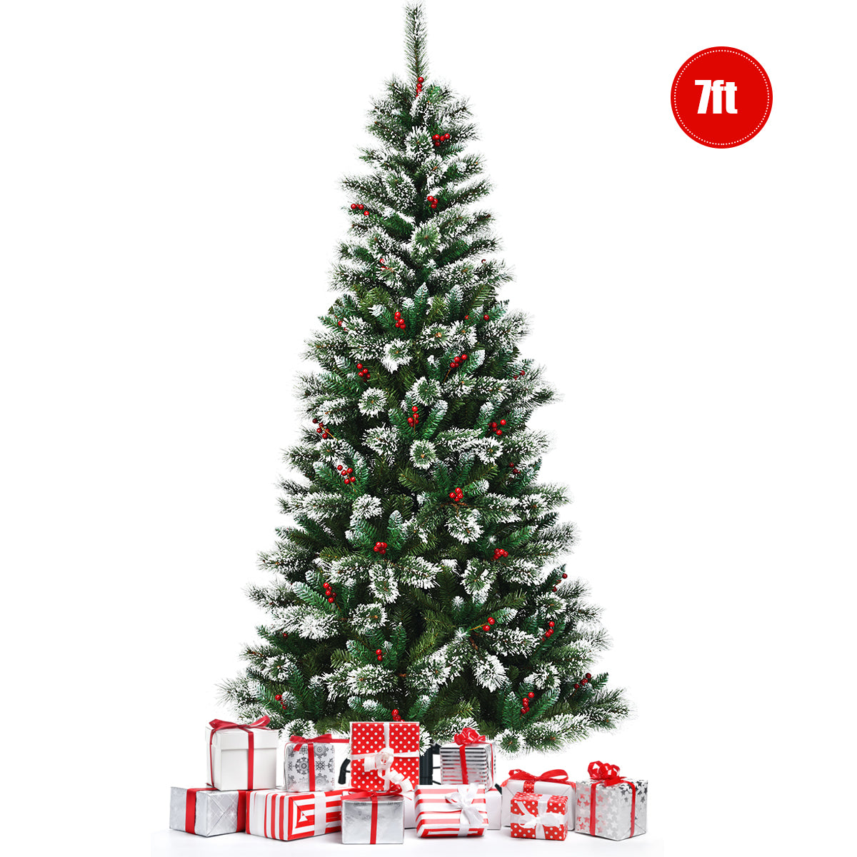 Topbuy 5/6/7/8FT Unlit Snow Flocked Artificial Christmas Tree Hinged Pine Decoration Tree