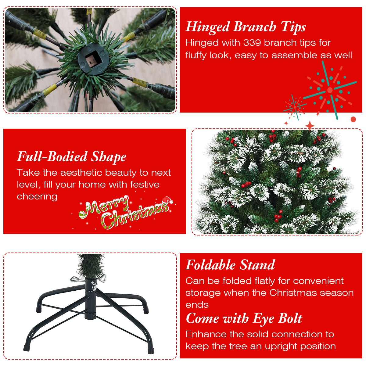 Topbuy 5/6/7/8FT Unlit Snow Flocked Artificial Christmas Tree Hinged Pine Decoration Tree