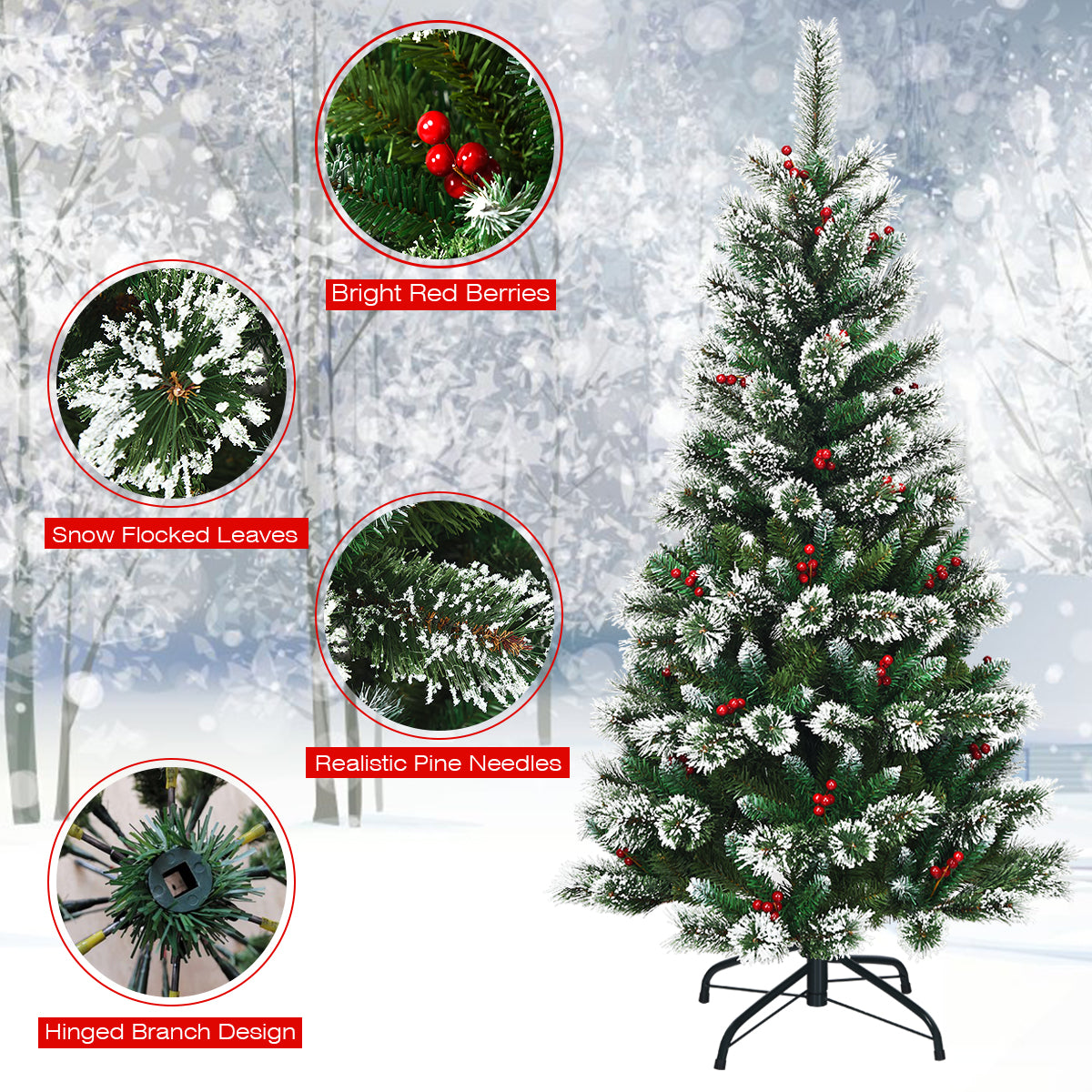 Topbuy 5/6/7/8FT Unlit Snow Flocked Artificial Christmas Tree Hinged Pine Decoration Tree