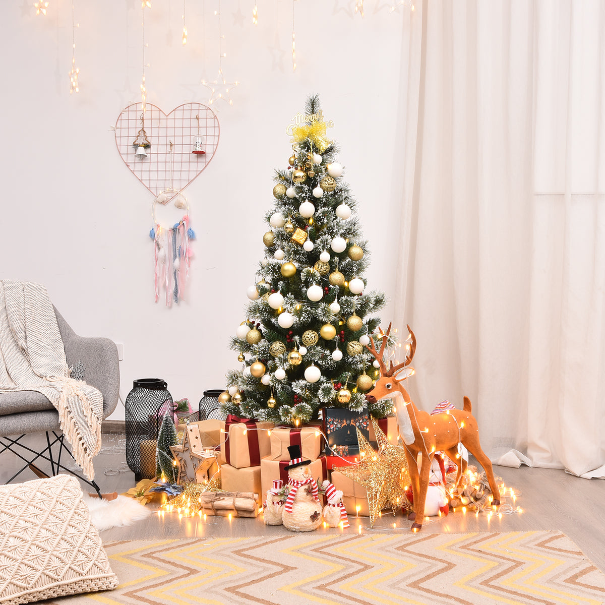 Topbuy 5/6/7/8FT Unlit Snow Flocked Artificial Christmas Tree Hinged Pine Decoration Tree