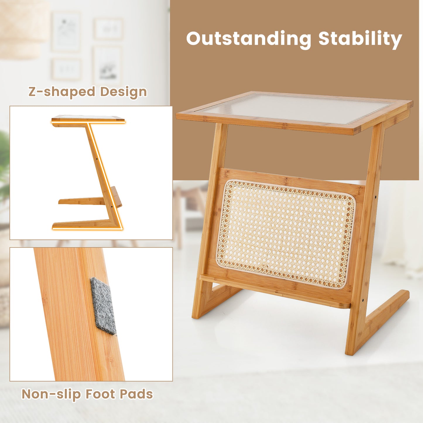 Patiojoy Z-shaped Side Table with Rattan Shelf Glass Top End Table with Magazine Rack Space-saving Sofa Side Bedside Table