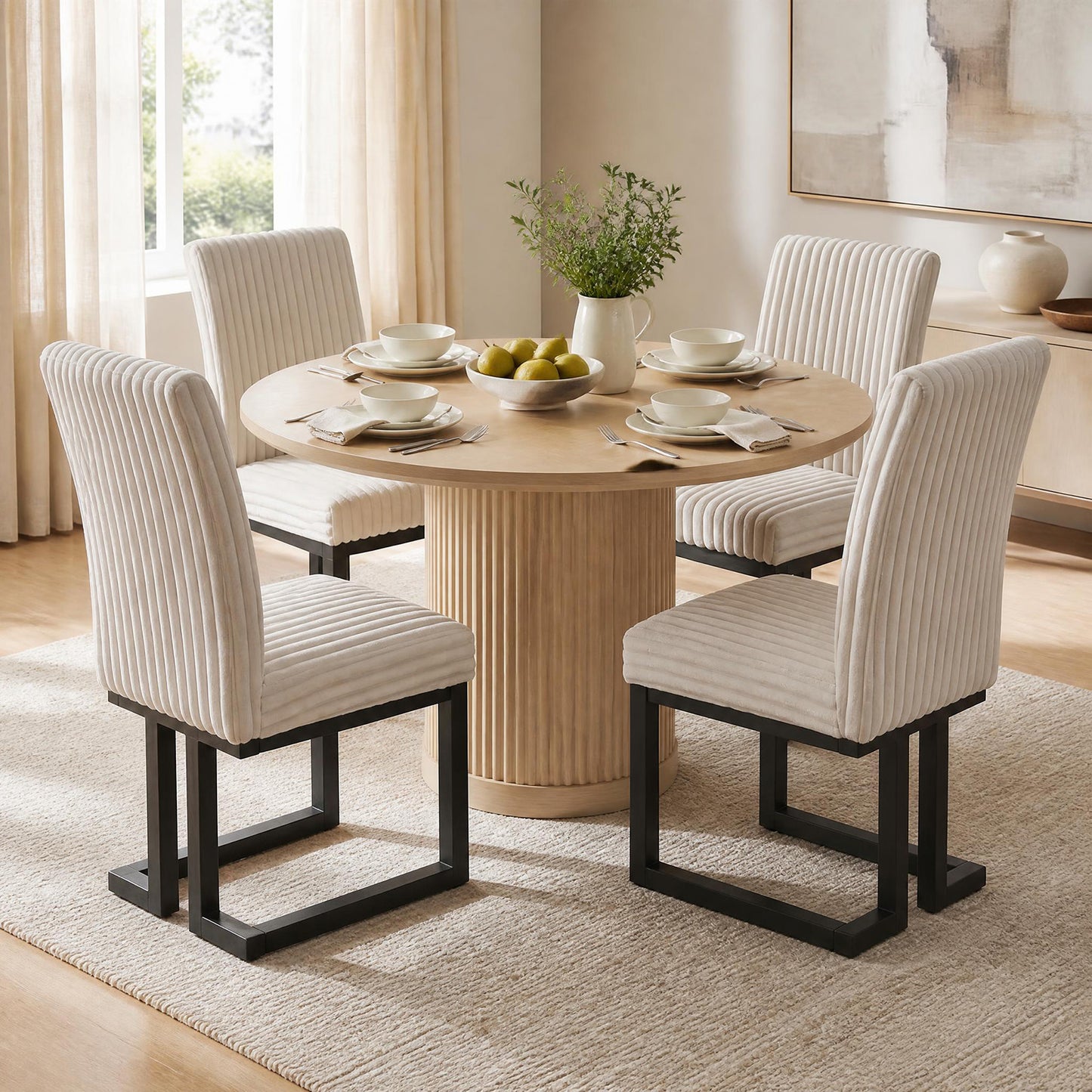 Patiojoy Modern Wood Dining Chairs Set of 2 Mid-Century Upholstered Kitchen Chairs with Thick Padded Seat Beige/White