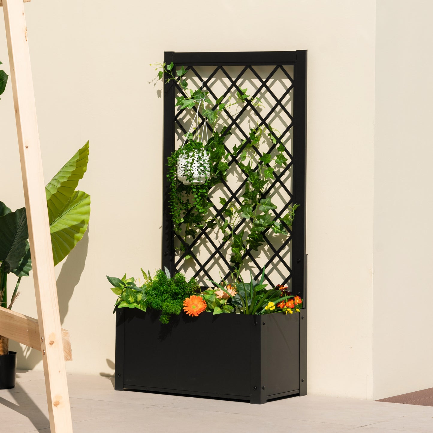 Patiojoy Metal Planter Box with Trellis Raised Garden Bed with Trellis Elevated Lattice Planter for Climbing Plants