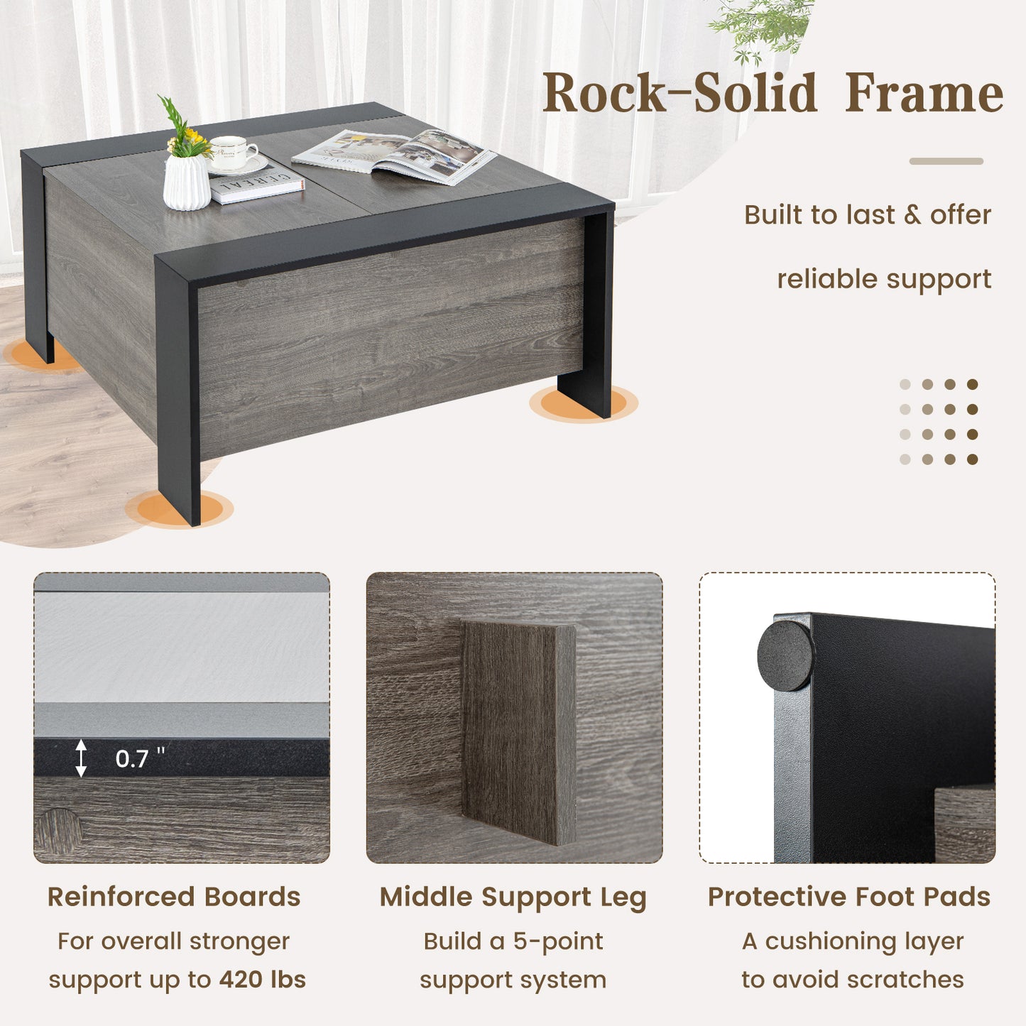 Patiojoy Coffee Table with Sliding Top Square Center Table with Hidden Compartment Extendable Cocktail Tea Table