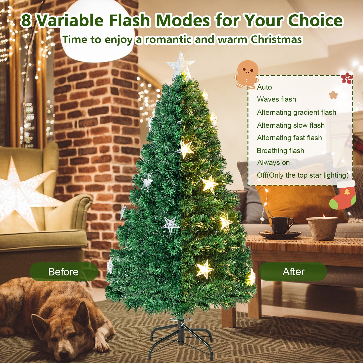 Patiojoy Artificial Christmas Tree Prelit Fiber Optic Xmas Tree with Warm White Lights 8 Light Modes