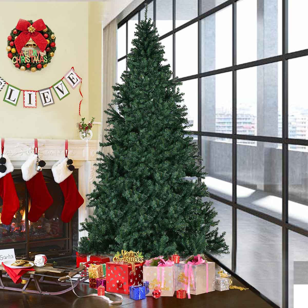 Topbuy 9'Artificial Christmas Tree PVC Material Metal Stand Holiday Decoration w/ 1000 LED Lights