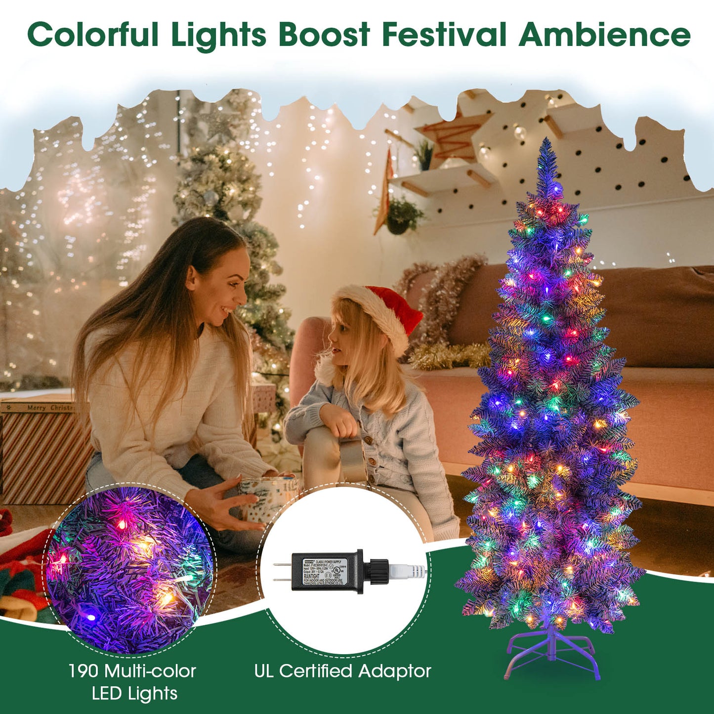 Patiojoy Pre-lit Artificial Christmas Tree Hinged Holiday Decoration Pencil Tree with Multi-color LED Lights