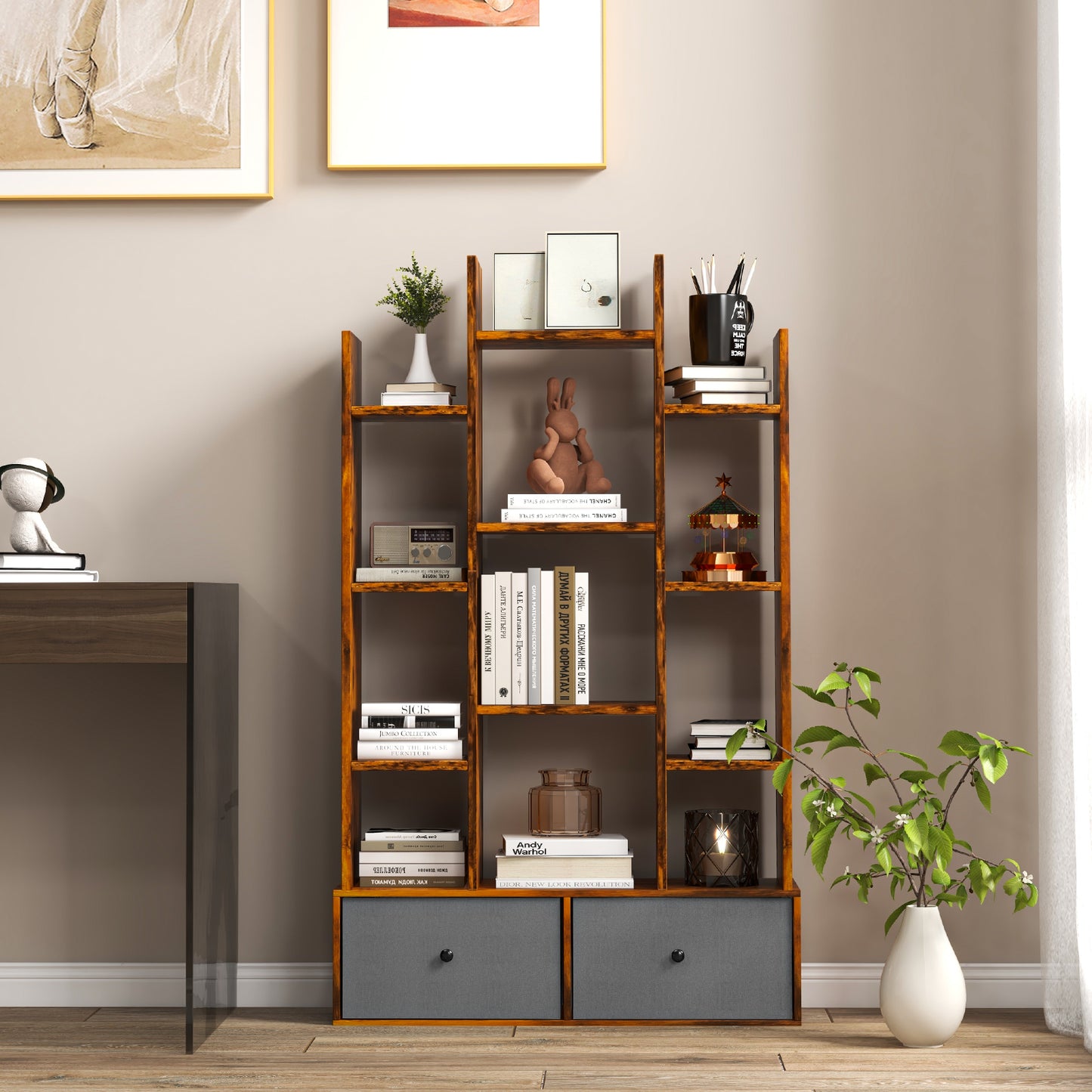 Patiojoy Tree Shaped Bookcase with 2 Drawers Free Standing Bookshelf with 12 Open Storage Shelves Tall Display Rack