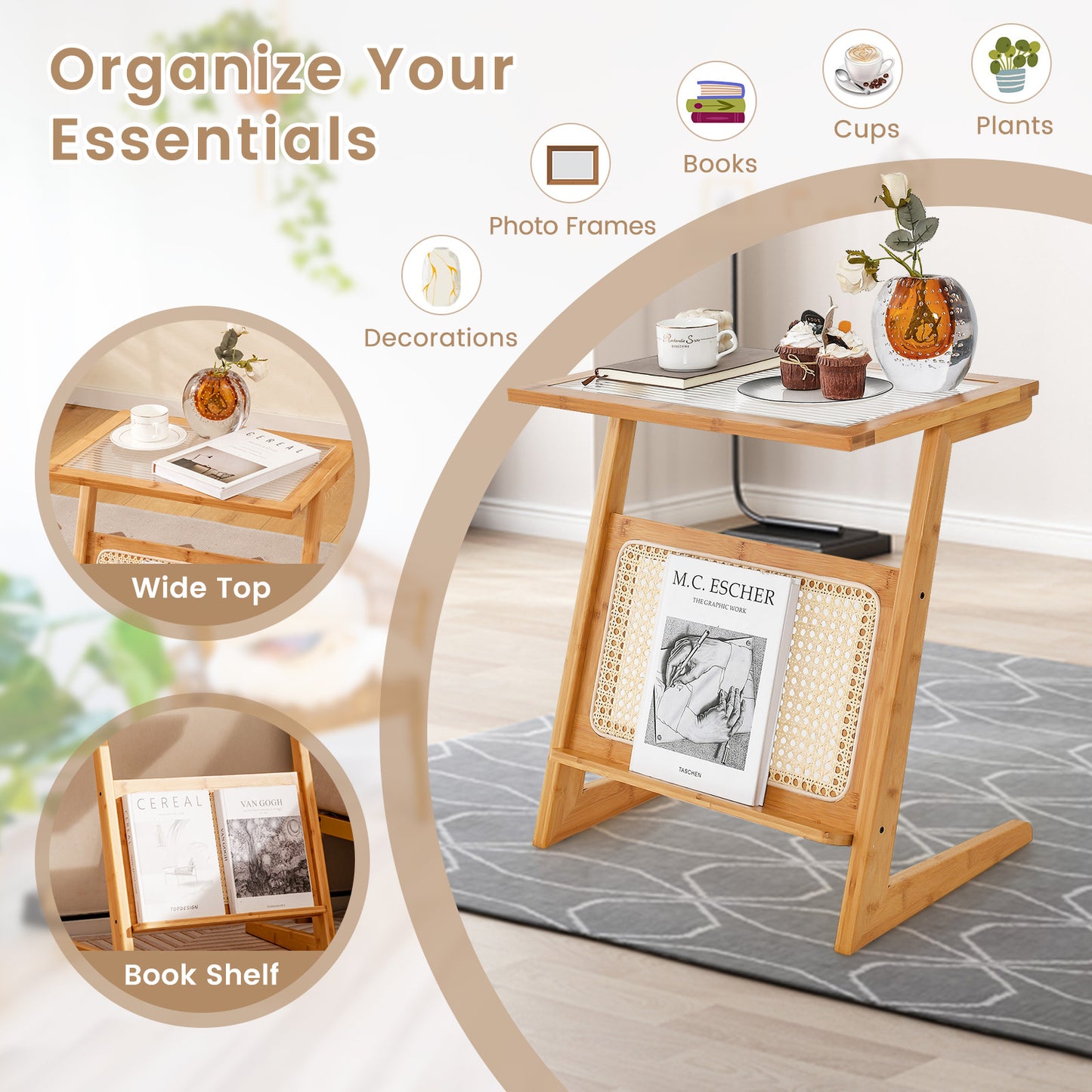 Patiojoy Z-shaped Side Table with Rattan Shelf Glass Top End Table with Magazine Rack Space-saving Sofa Side Bedside Table