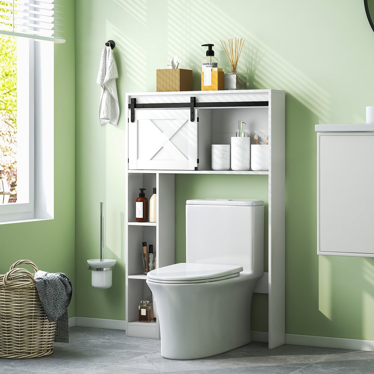 Patiojoy Over The Toilet Storage Cabinet Freestanding Bathroom Organizer with Sliding Barn Door and Storage Shelves