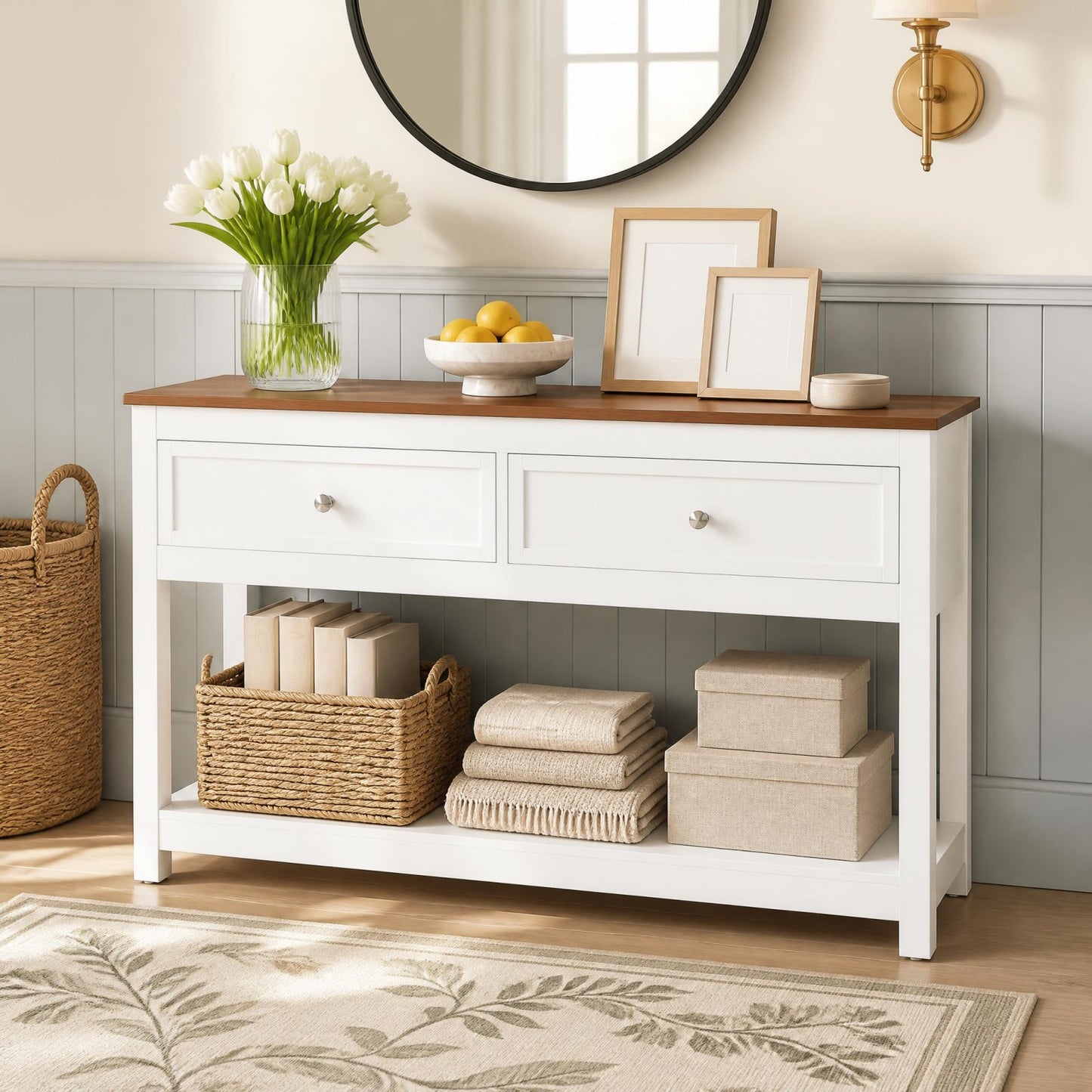 Patiojoy Farmhouse Entryway Console Table Narrow Wood Sofa Table with 2 Drawers and Storage Shelf Heavy-Duty Behind the Couch Table for Living Room Hallway