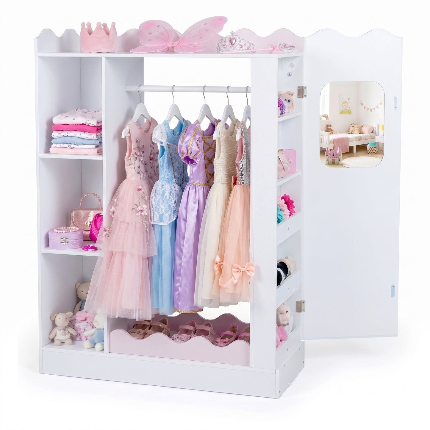 Patiojoy Kids Costume Organizer with Mirrors Children Armoire Closet with Open Hanging Rack Shelves and Cabinet Dress Up Storage