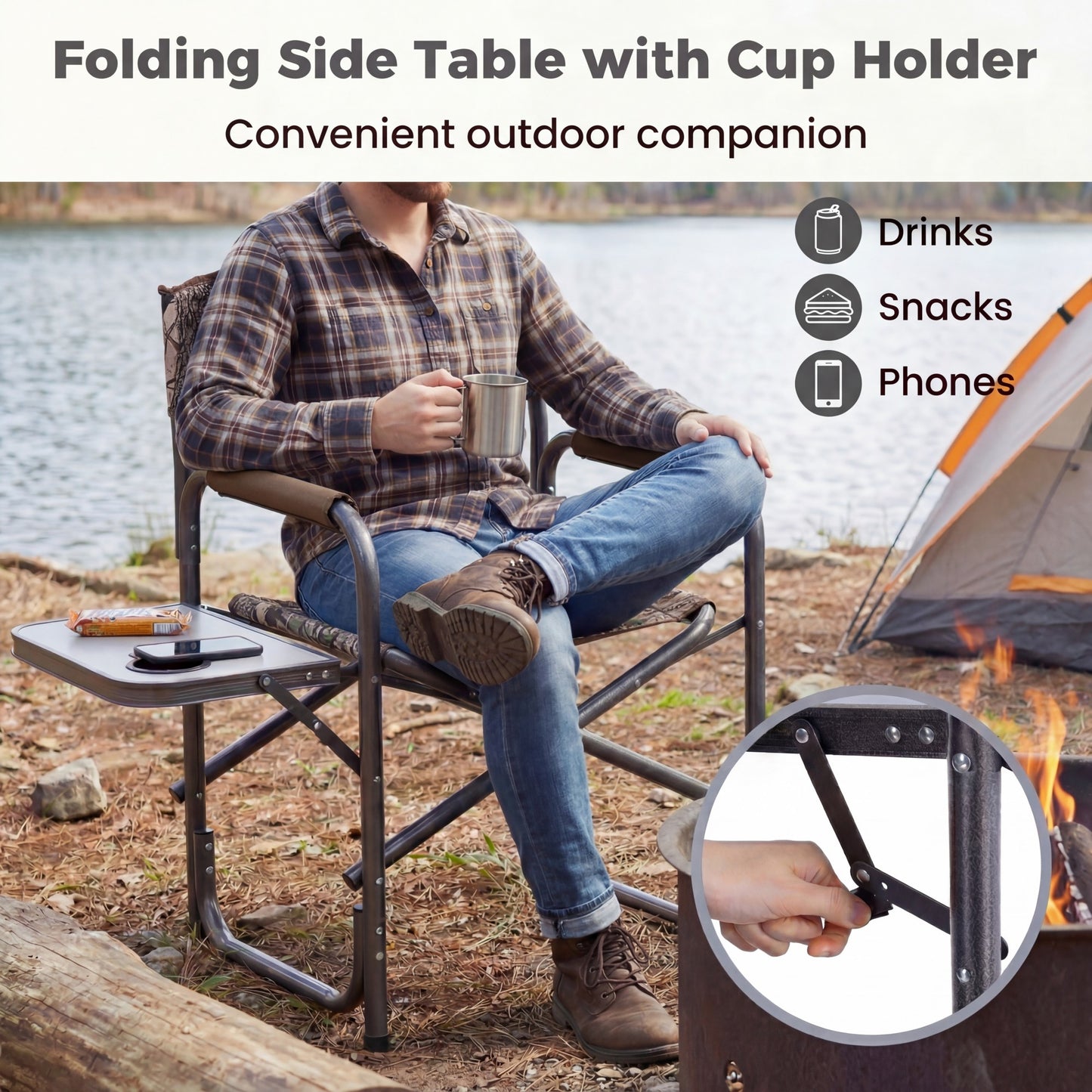 Patiojoy Portable Camping Chair Folding Outdoor Lawn Chair with Side Table and Cup Holder