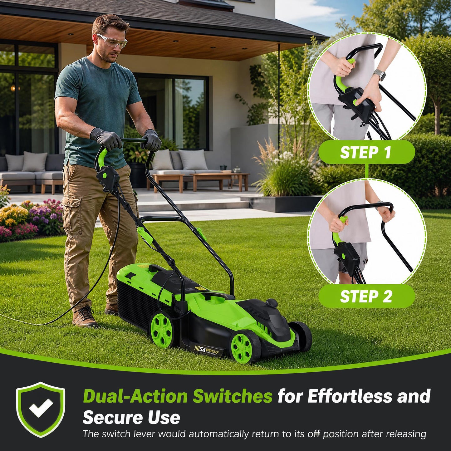 Patiojoy 12-Amp Corded Electric Lawn Mower 14-Inch Walk-Behind Push Mower with 8-Gallon Grass Bag 5-Position Height Adjustment Lightweight 21 lbs for Small Yards