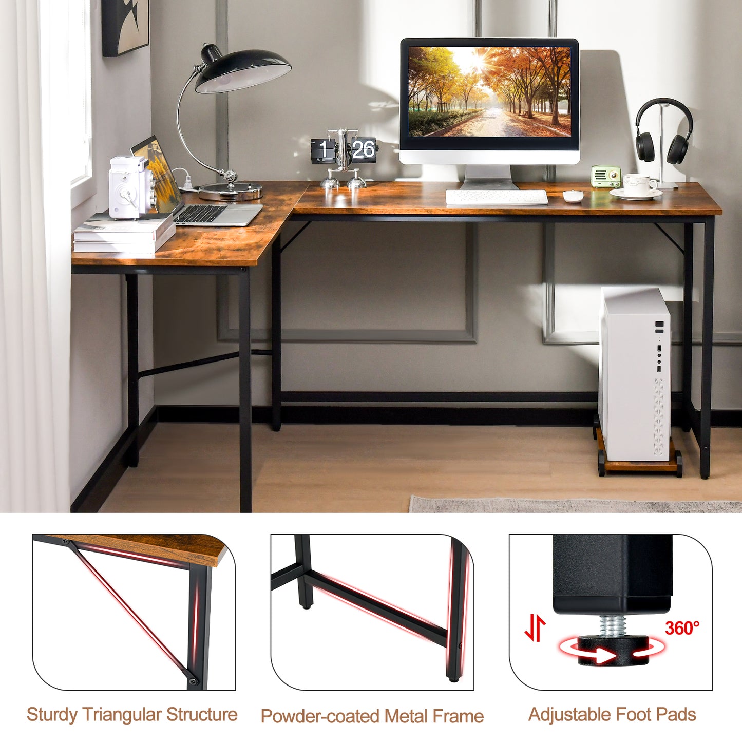 Patiojoy L-Shaped Desk with Power Outlet Computer Corner Desk with CPU Stand and Heavy-Duty Metal Frame