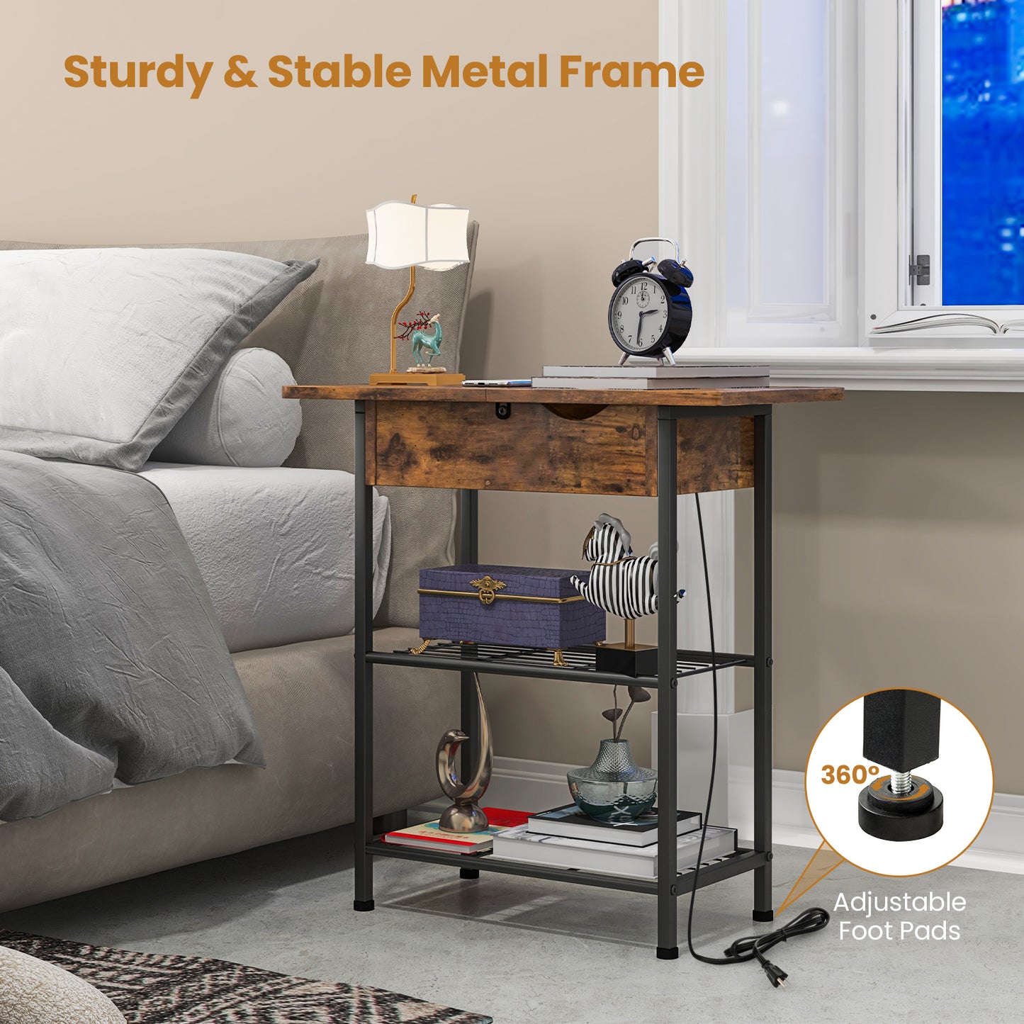 Patiojoy End Table with Charging Station Flip Top Side Table with USB Ports and Outlets Narrow Sofa Side Table with Storage Shelves