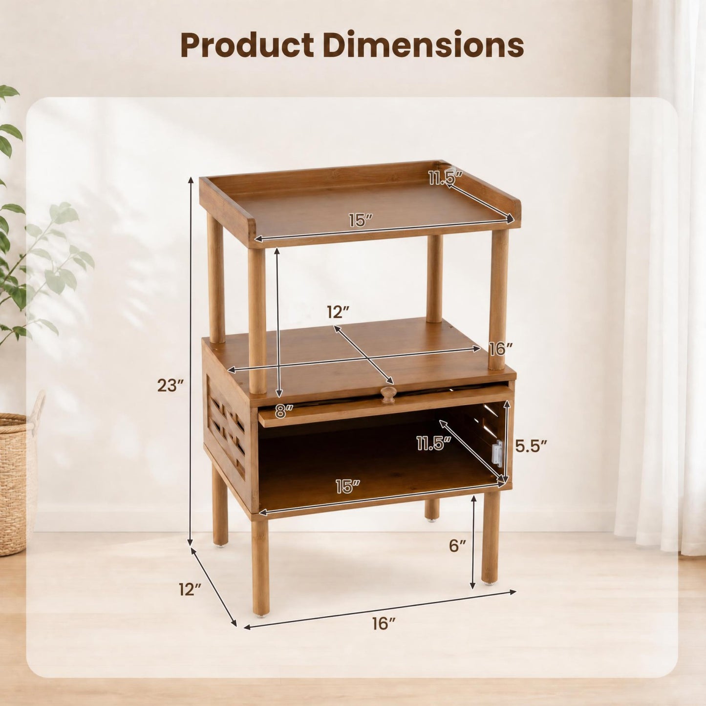 Patiojoy Natural Bamboo Rattan Nightstand Side Table With Open Shelf Raised Edge & Flip-Up Door for Bedroom Living Room