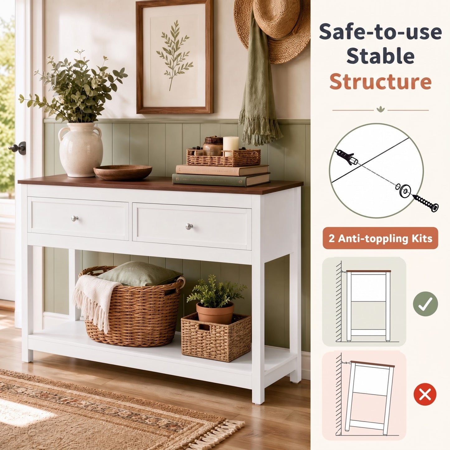 Patiojoy Farmhouse Entryway Console Table Narrow Wood Sofa Table with 2 Drawers and Storage Shelf Heavy-Duty Behind the Couch Table for Living Room Hallway