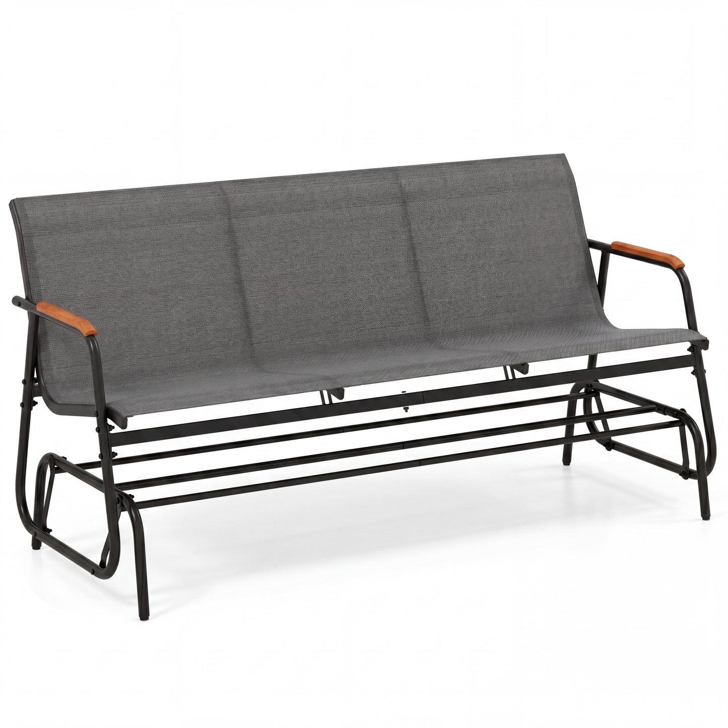 Patiojoy 3-Person Patio Glider Bench Outdoor Gliding Long Seat with Curved Teak Armrests and Breathable Fabric Seat Metal Rocking Chair
