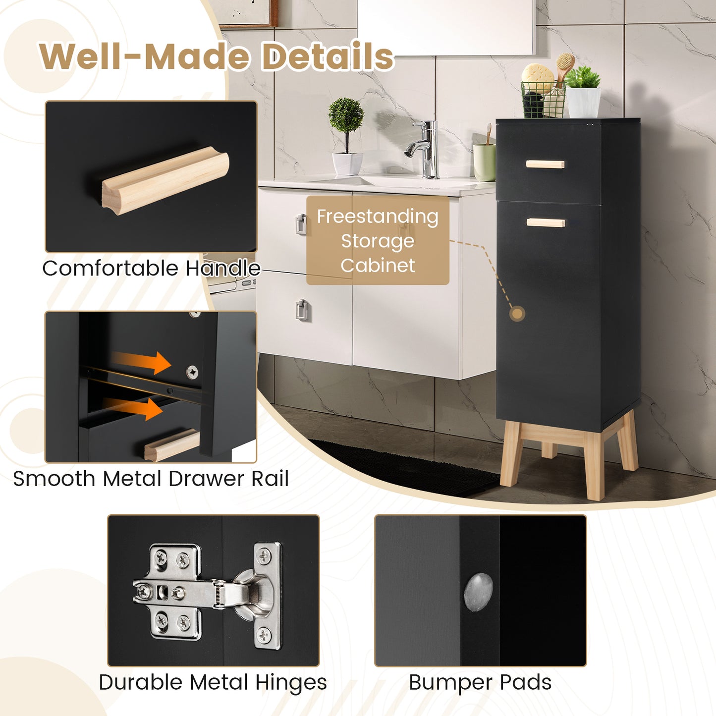 Patiojoy Narrow Bathroom Storage Cabinet Freestanding Side Storage Organizer with Adjustable Shelves Drawer and Pine Wood Legs