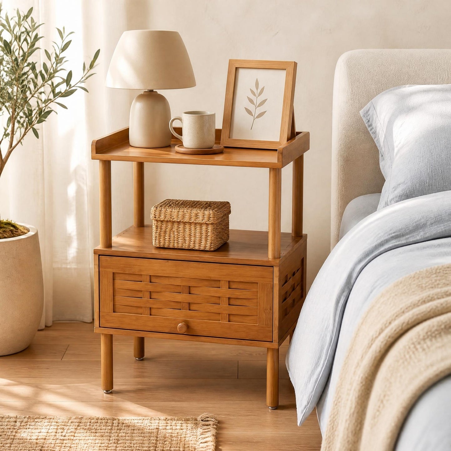 Patiojoy Natural Bamboo Rattan Nightstand Side Table With Open Shelf Raised Edge & Flip-Up Door for Bedroom Living Room