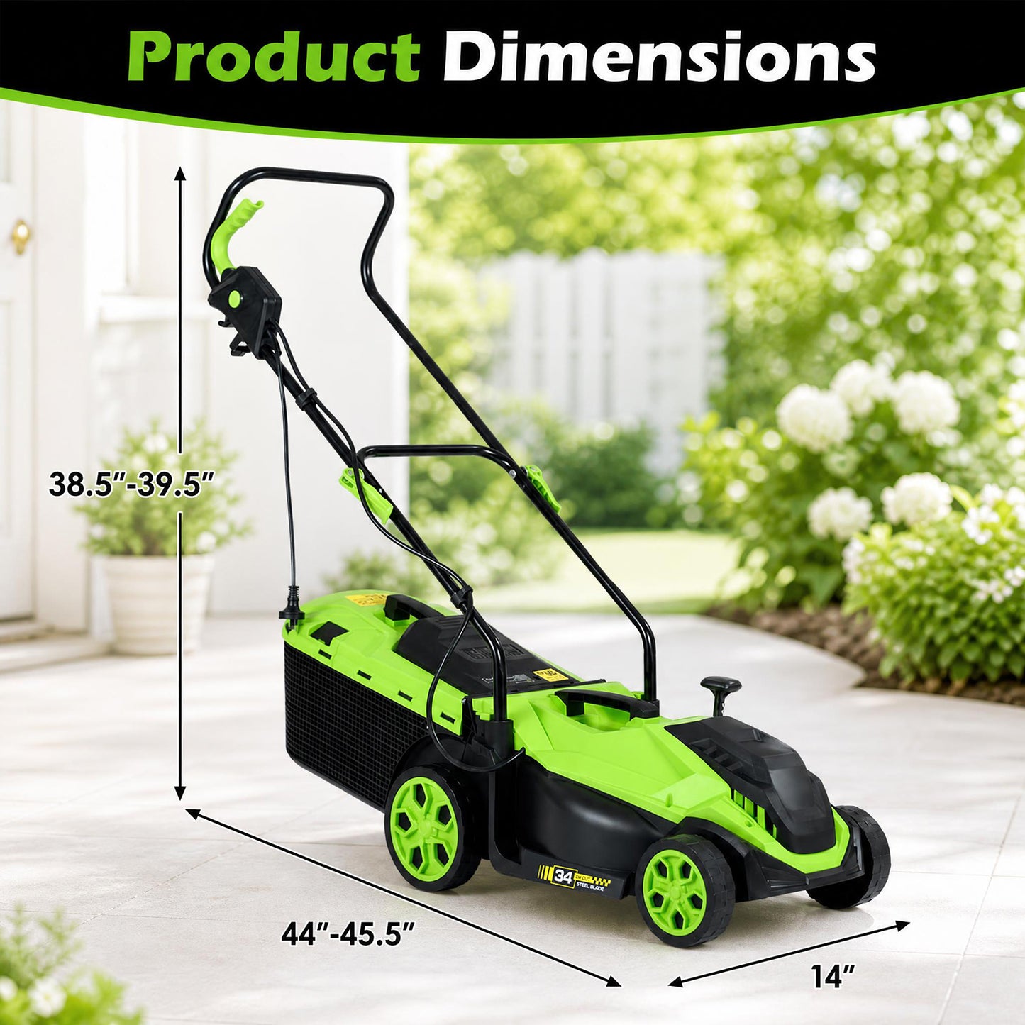Patiojoy 12-Amp Corded Electric Lawn Mower 14-Inch Walk-Behind Push Mower with 8-Gallon Grass Bag 5-Position Height Adjustment Lightweight 21 lbs for Small Yards