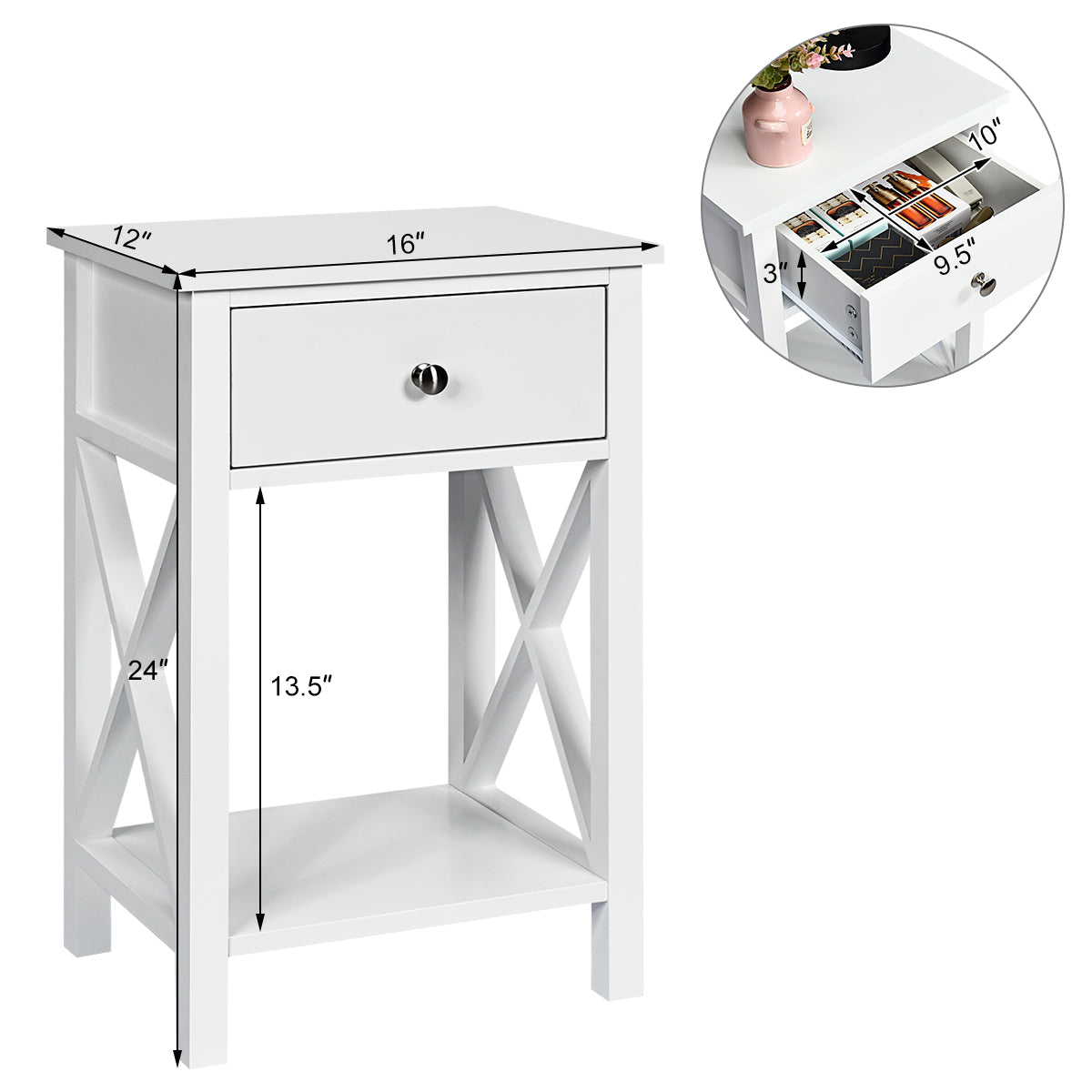 Topbuy X-Design Side End Table Multifunctional Nightstand with Drawer & Shelf White