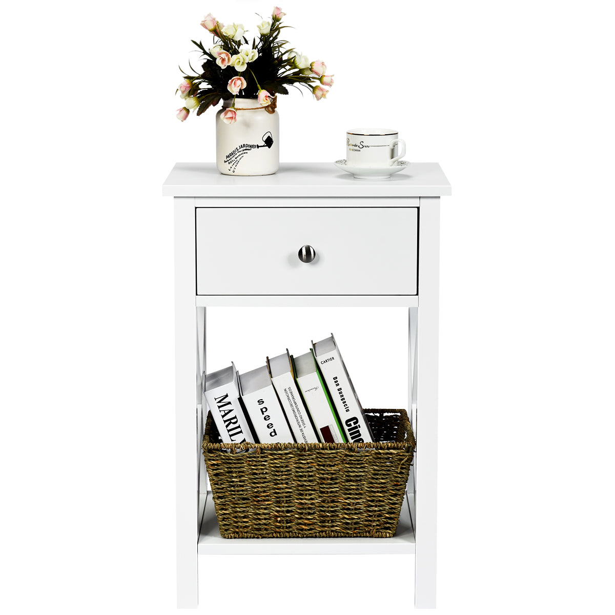 Topbuy 2-Piece X-Design Side End Table Multifunctional Nightstand with Drawer & Shelf White