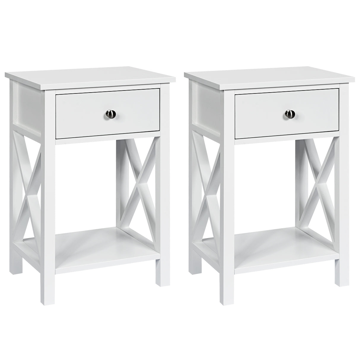 Topbuy 2-Piece X-Design Side End Table Multifunctional Nightstand with Drawer & Shelf White