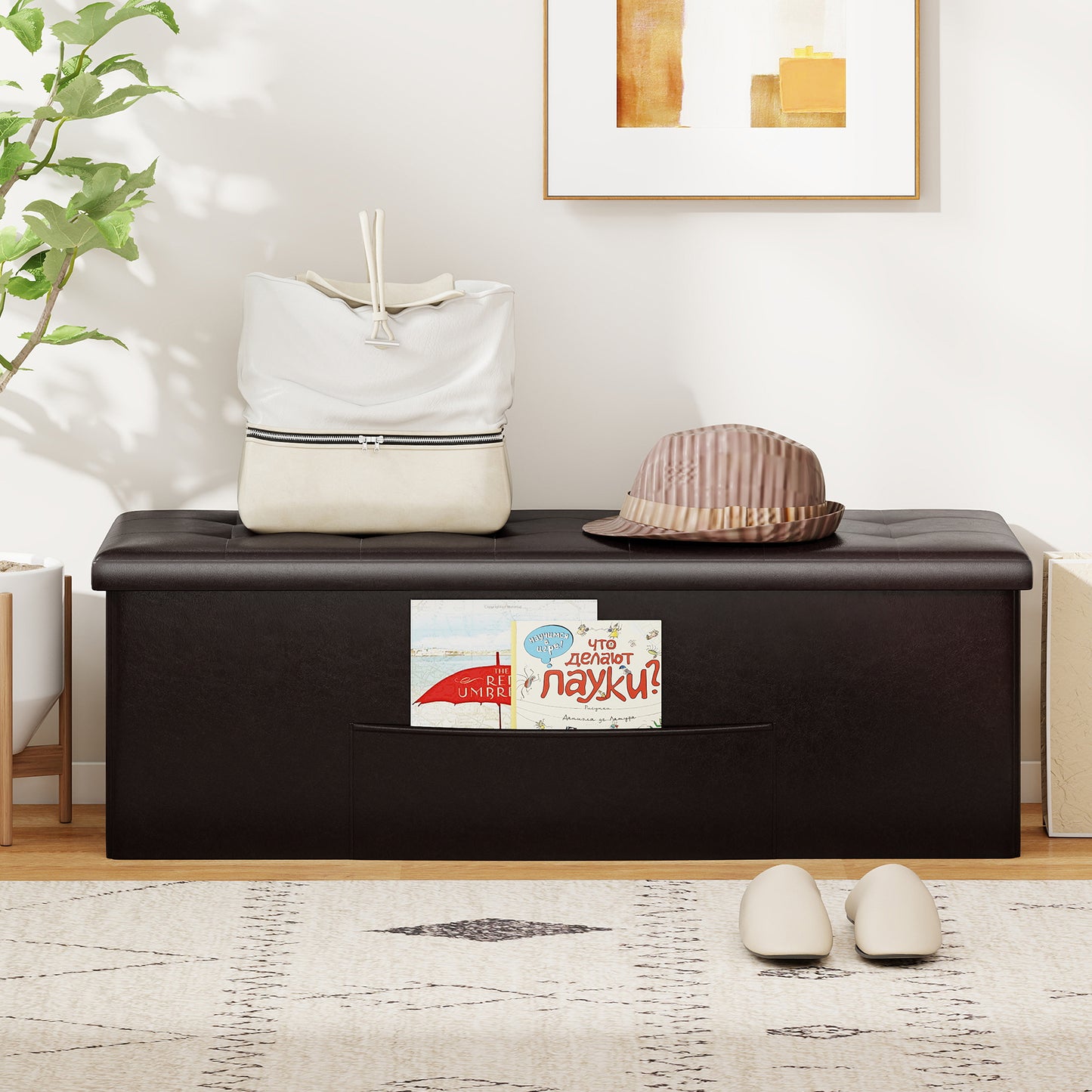 Topbuy Large Folding Storage Faux Leather Stool Brown/Black