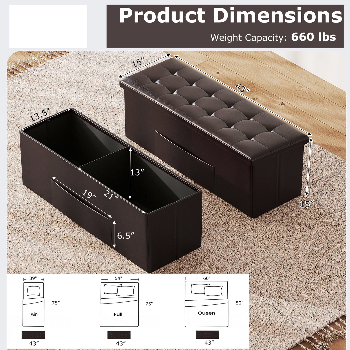 Topbuy Large Folding Storage Faux Leather Stool Brown/Black