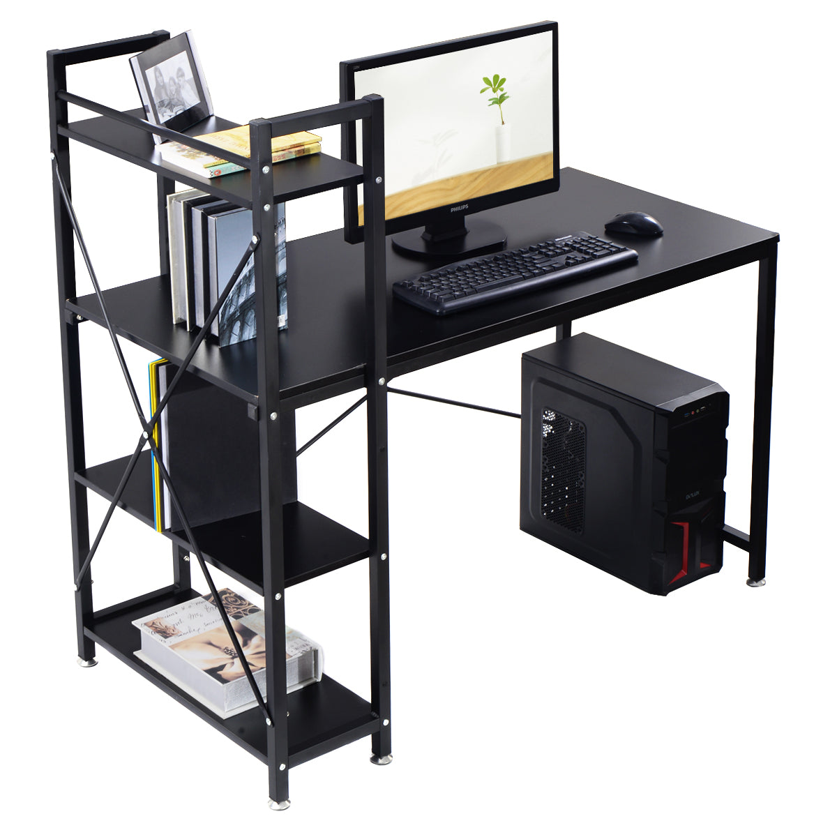 Topbuy Computer Desk Home Office Desk PC Laptop Study Workstation Table With 4 Shelves Black