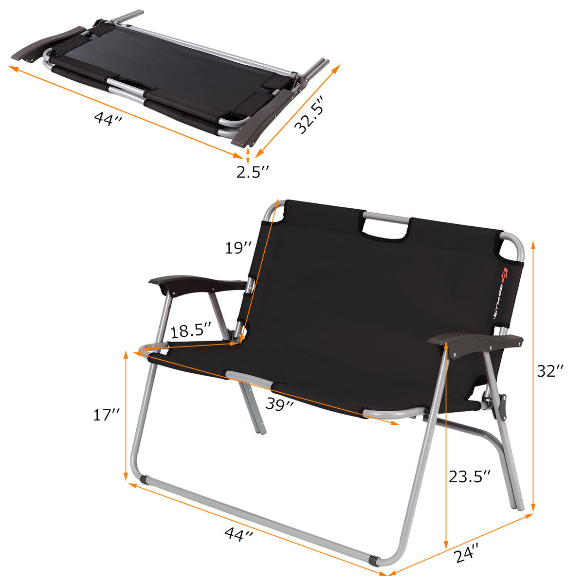 Topbuy 2 Person Camping Folding Chair Loveseat Bench Portable Outdoor Black