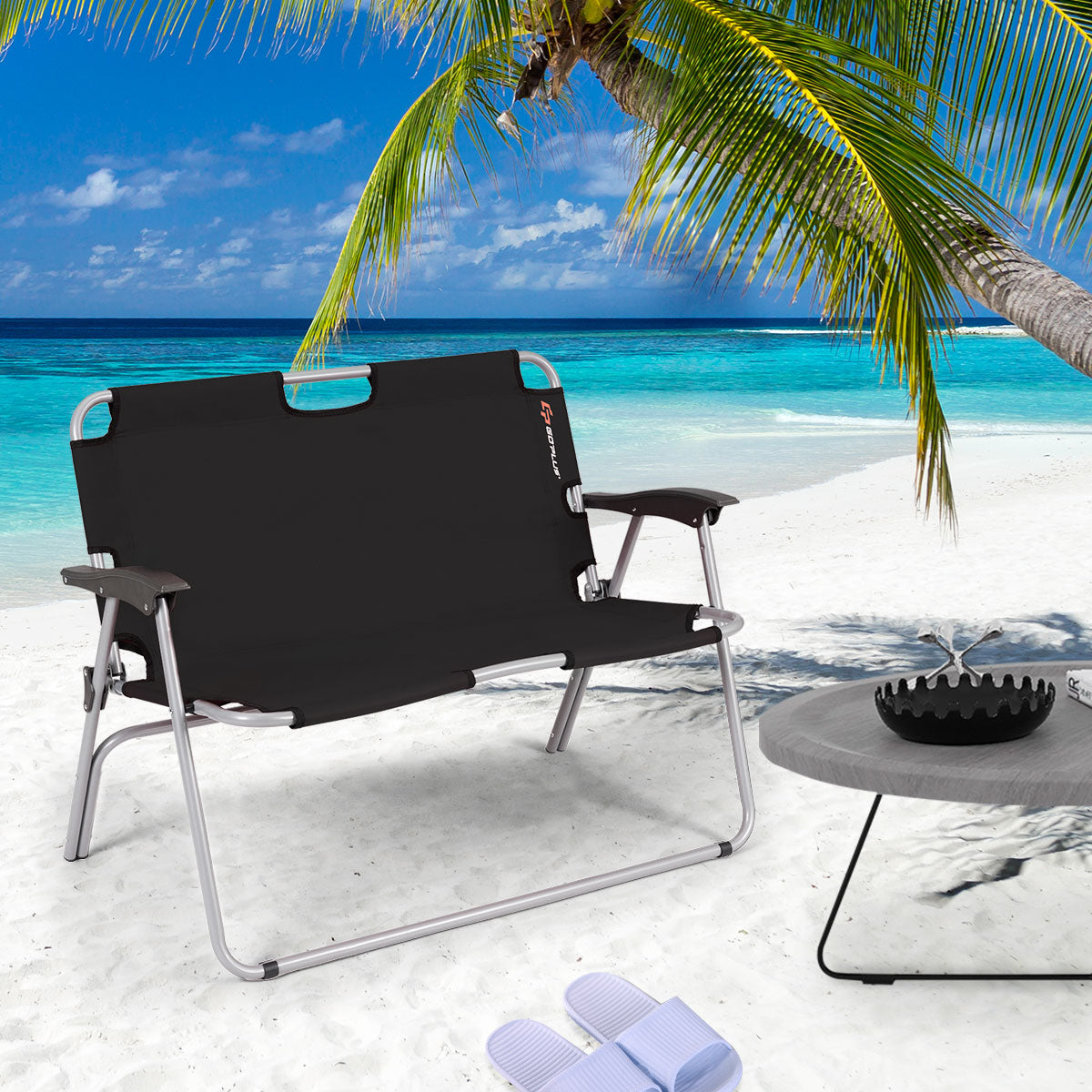 Topbuy 2 Person Camping Folding Chair Loveseat Bench Portable Outdoor Black