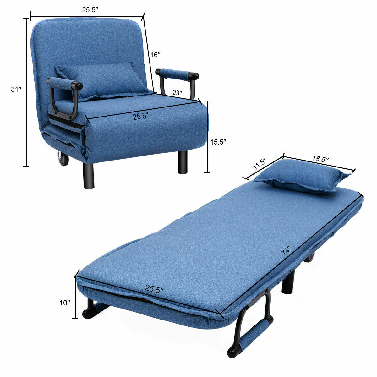 Topbuy Folding Sofa Bed Sleeper Armchair Lounge Couch 5 Position Home Furniture Blue