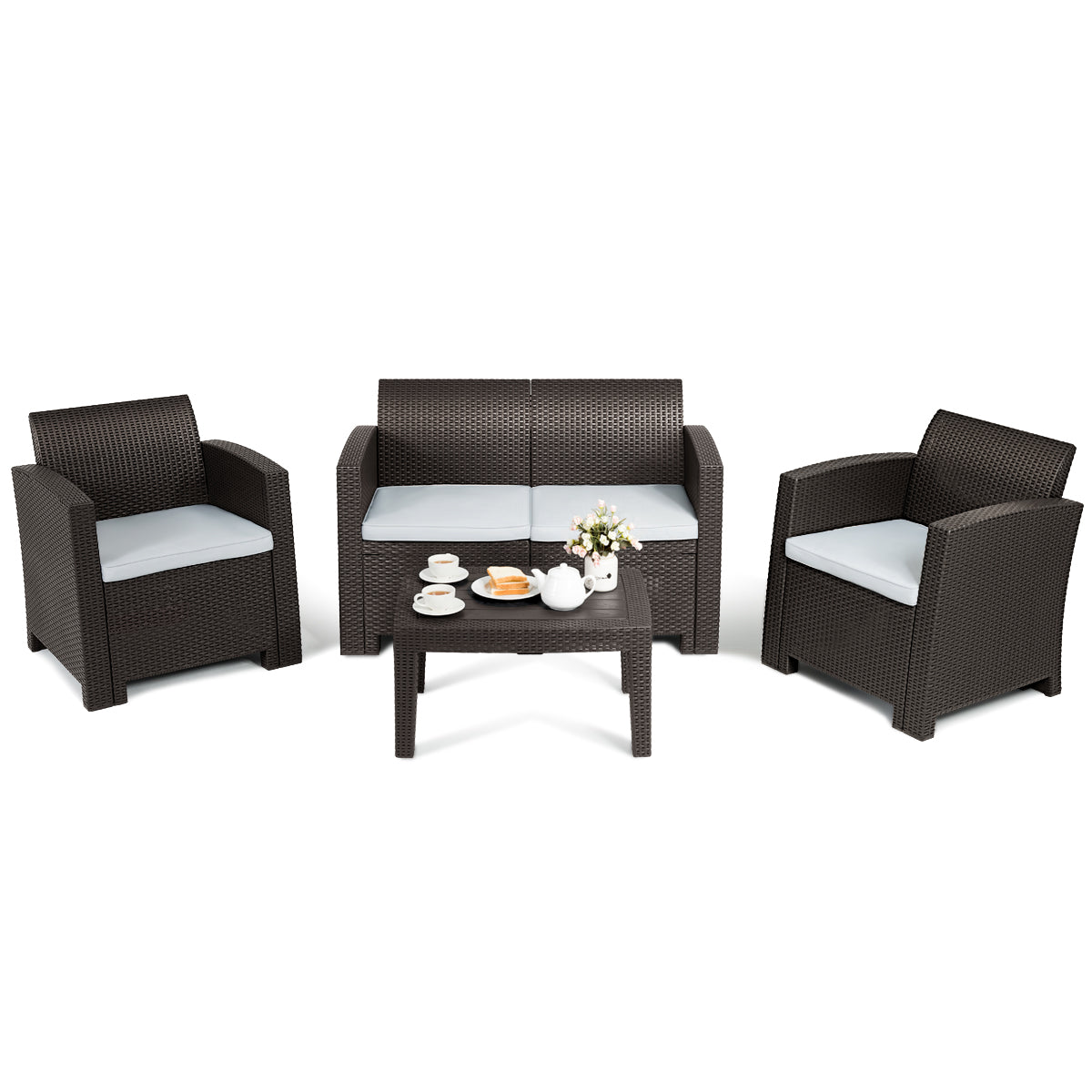 Patiojoy 4 PCS Rattan Wicker Plaited Patio Sectional Furniture Sofa Set Coffee
