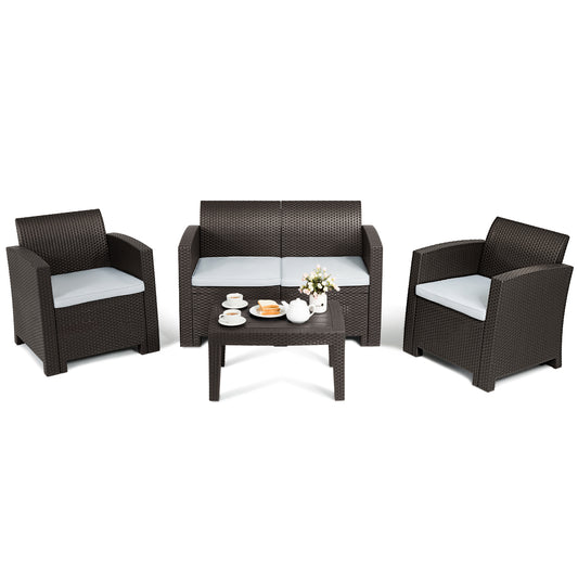 Patiojoy 4 PCS Rattan Wicker Plaited Patio Sectional Furniture Sofa Set Coffee