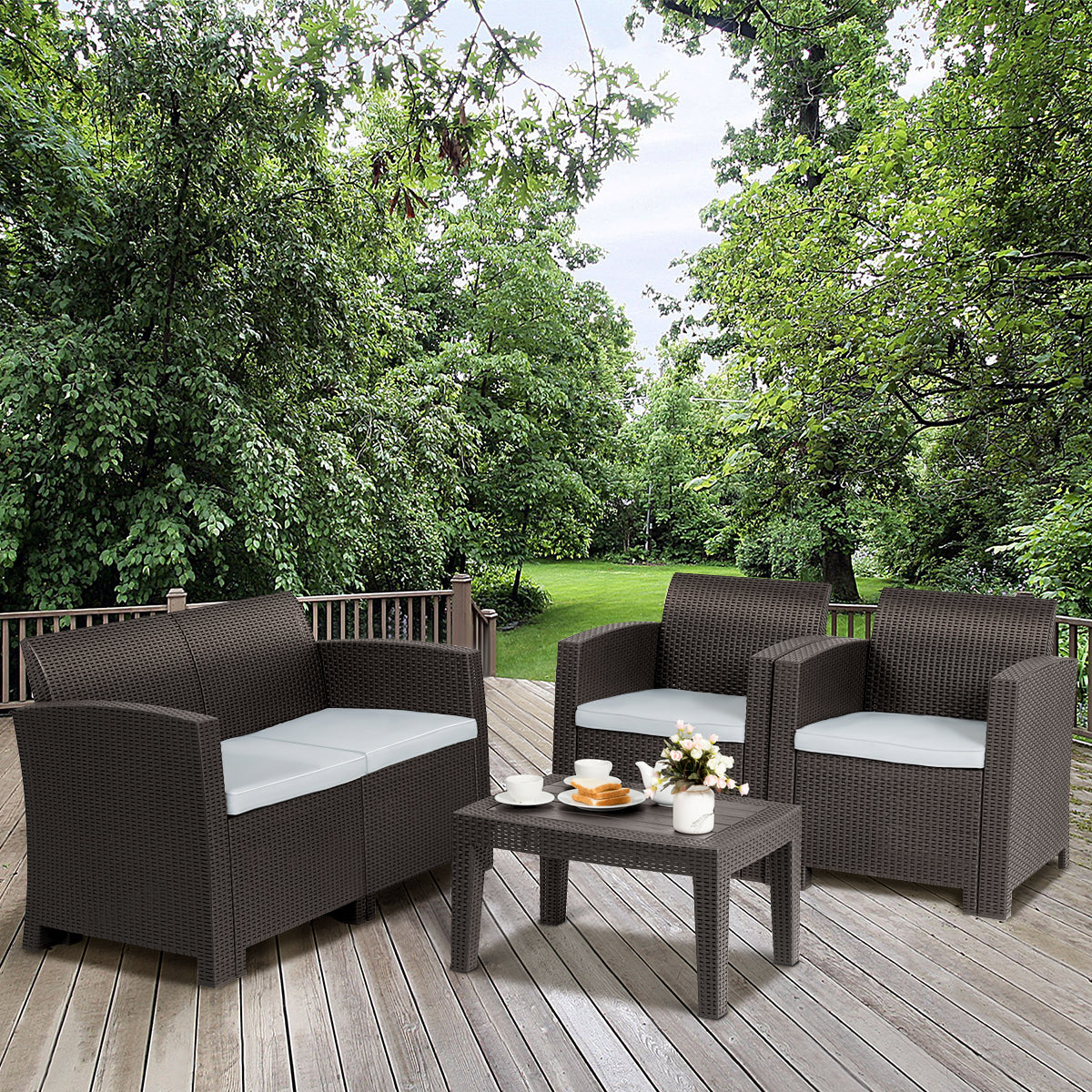 Patiojoy 4 PCS Rattan Wicker Plaited Patio Sectional Furniture Sofa Set Coffee