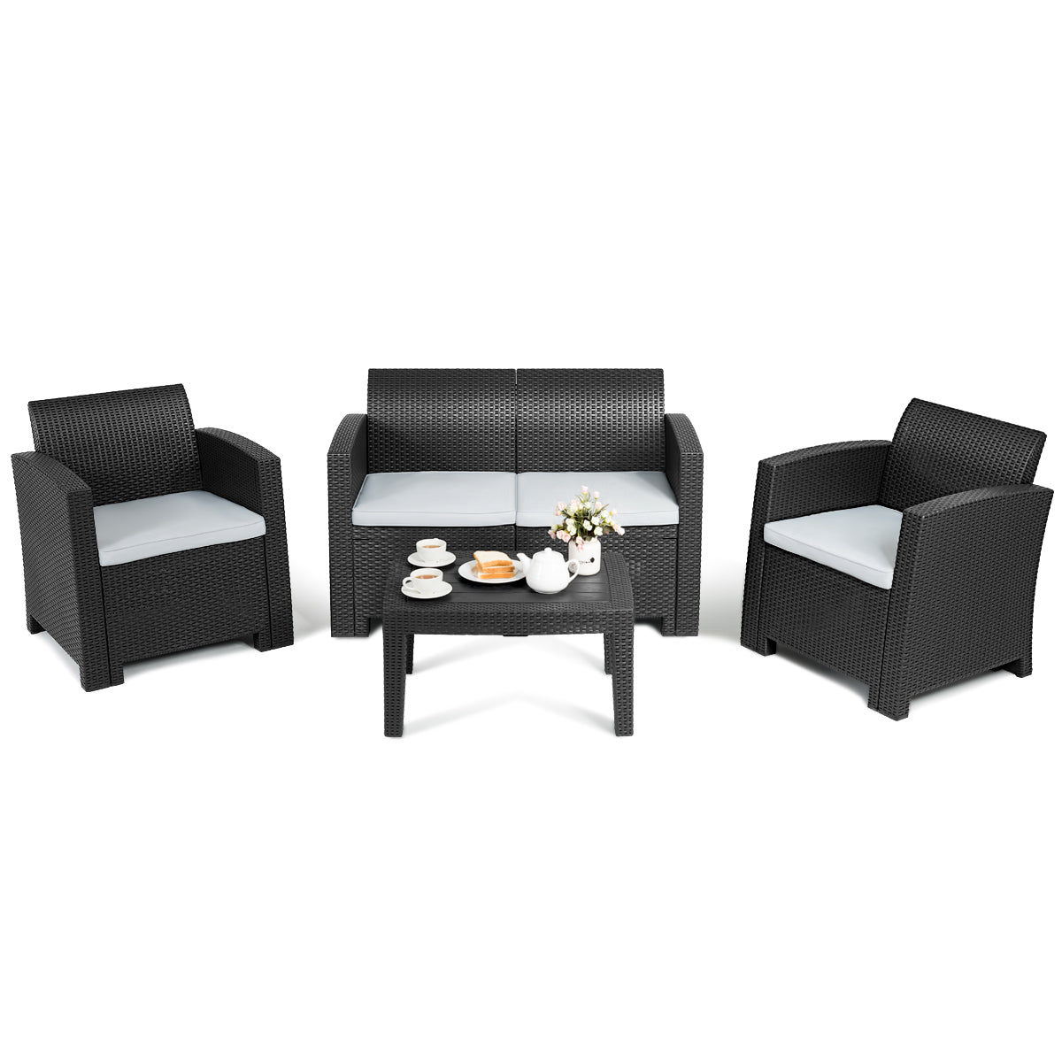 Patiojoy 4 PCS Rattan Wicker Plaited Patio Sectional Furniture Sofa Set Coffee