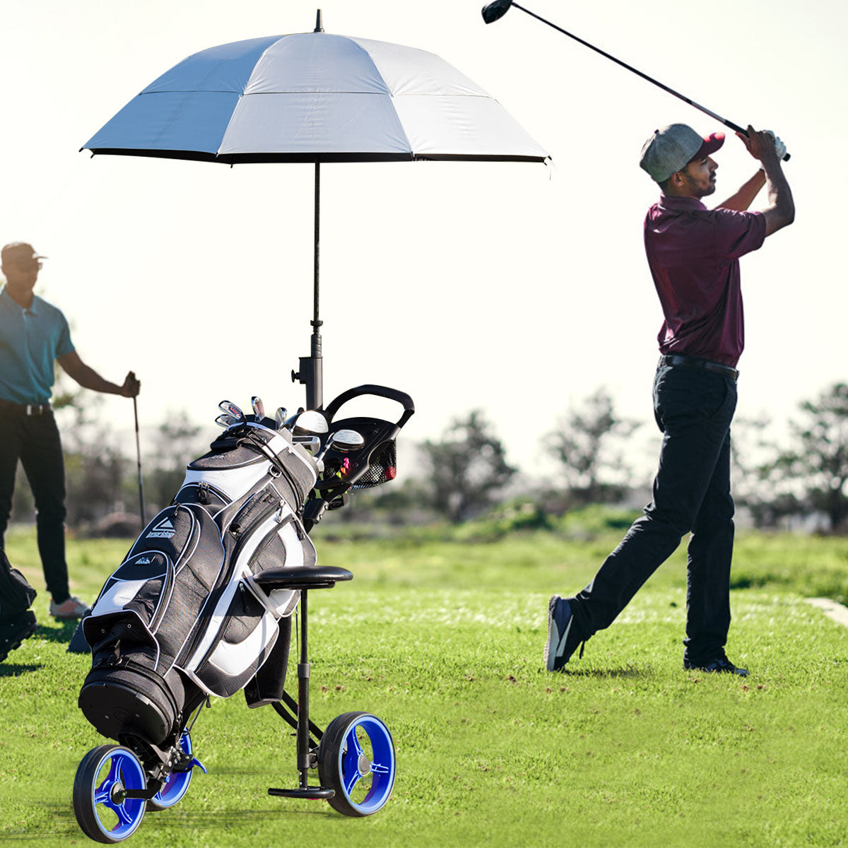 Topbuy 3-Wheel Foldable Push Pull Club Trolley Golf Cart With Seat Scoreboard Bag Red